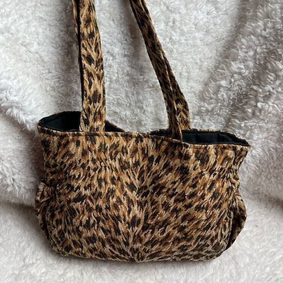 Evangeline ministry handcrafted cloth shoulder bag leopard prints wooden buttons - Picture 2 of 12